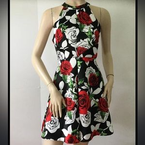 ROMEO & JULIET Couture Red & White Rose Print Dress NWOT Size Small High Neck